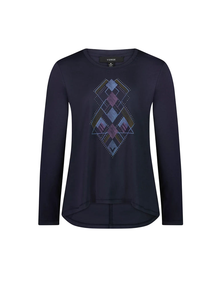 Verge Sequence Top Blue Velvet Long Sleeve Geometric Print Top Metallic Detail in Navy Blue 8442SF Verge Stockist Online Australia Signature of Double Bay Mature Fashion