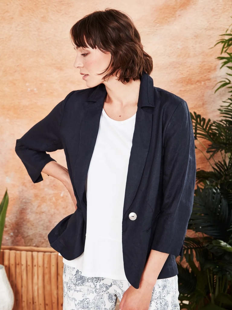 Verge Absolute Blazer navy blue 7681 Summer blazer jacket unlined linen cool and breathable Verge Stockist Online Australia Signature of Double Bay Mature Fashion Acrobat Flattering