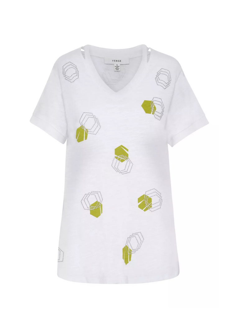 Verge NZ Fashion Stockist Online Australia Signature of Double Bay Eloise Tee shirt geometric print white and avocado green 7722SF