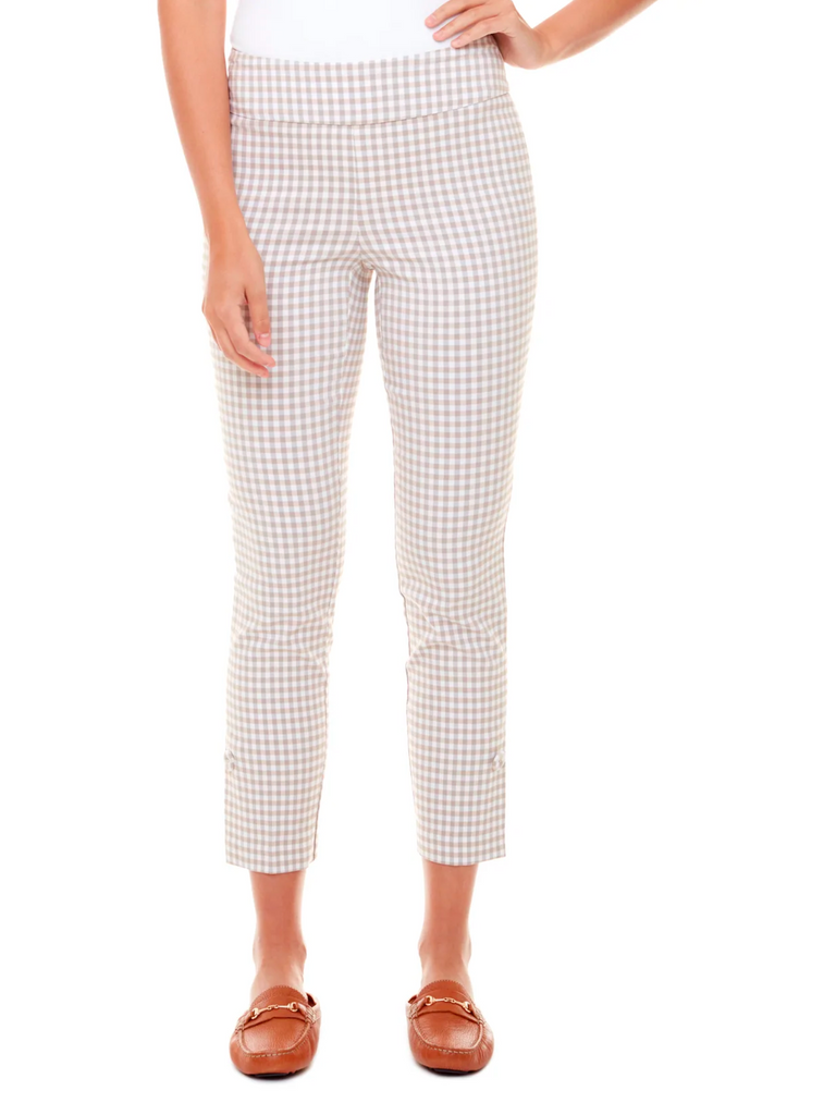 UP! PANTS Tummy control stockist Slim Leg Pant in Tan and White Gingham Check 28" Tummy Control 67459 online Australia flattering body contouring shaping pants high rise waistband signature of double bay Sydney fashion