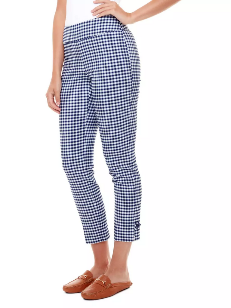 UP! PANTS Tummy control stockist Slim Leg Pant in Blue and White Gingham Check 28" Tummy Control 67479 online Australia flattering body contouring shaping pants high rise waistband signature of double bay Sydney fashion