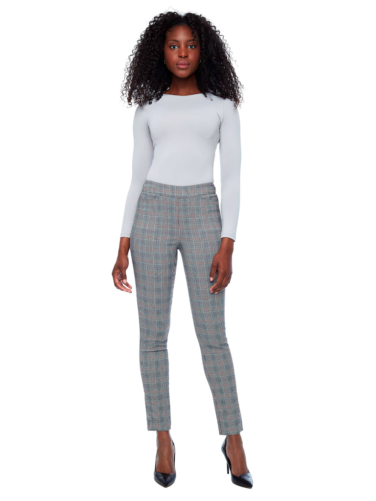 31" Ankle Slit Tummy Control Pant with Pockets in Black, Grey and Red Plaid 67568 Up Pants Tummy control stockist online Australia flattering body contouring shaping pants high rise waistband signature of double bay Sydney fashion