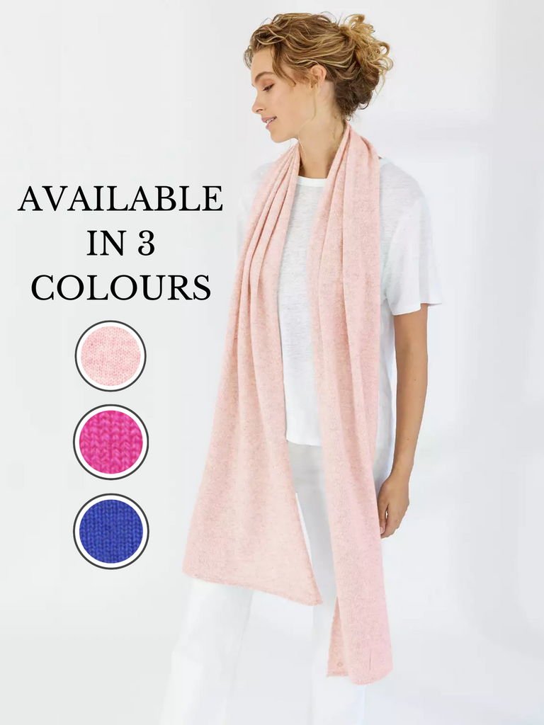 Large Mia Fratino Pure Cashmere Scarf Pale pink, hot pink, deep blue dark vibrant cobalt blue 18501 mia fratino stockist sydney online signature of double bay cashmere knitwear ethical natural fibres sustainable slow fashion sweaters