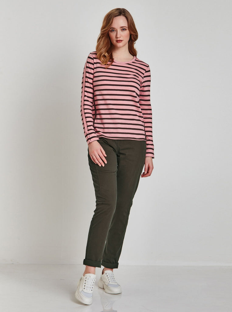 Leave Top Cameo Pink and Deep Olive Horizontal Stripes 7885SF Verge Stockist Online Australia Signature of Double Bay Mature Fashion Acrobat Flattering